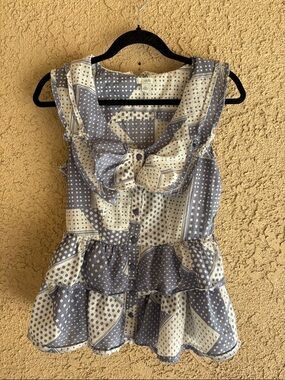 Odille Blue and Cream Polka Dot Ruffle Peplum Blouse